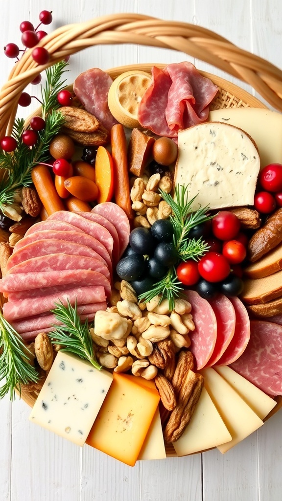 A festive charcuterie board basket with meats, cheeses, fruits, and nuts for Christmas.